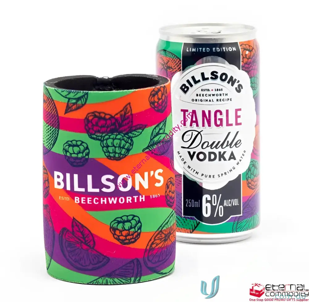 Colorful stubby holder and matching Billson’s Tangle Double Vodka can for promos