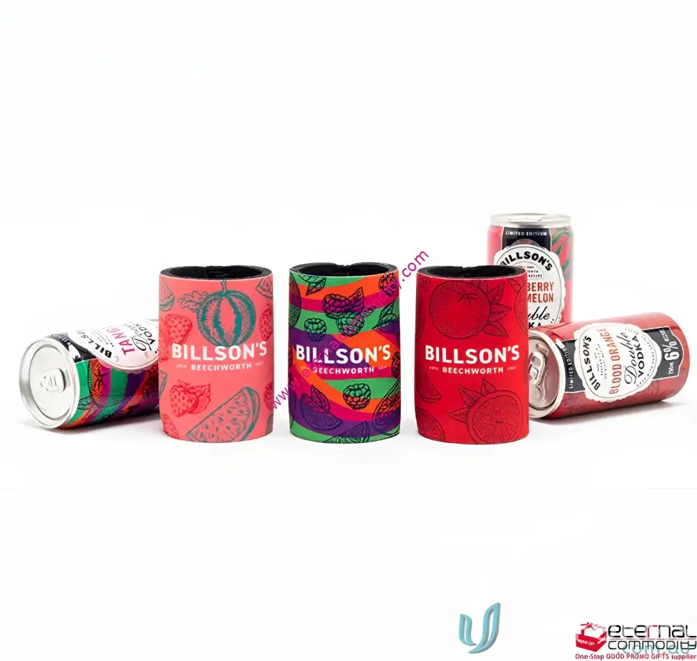 Colorful can coolers on premium stubby holder with wide tape for uniforms branding