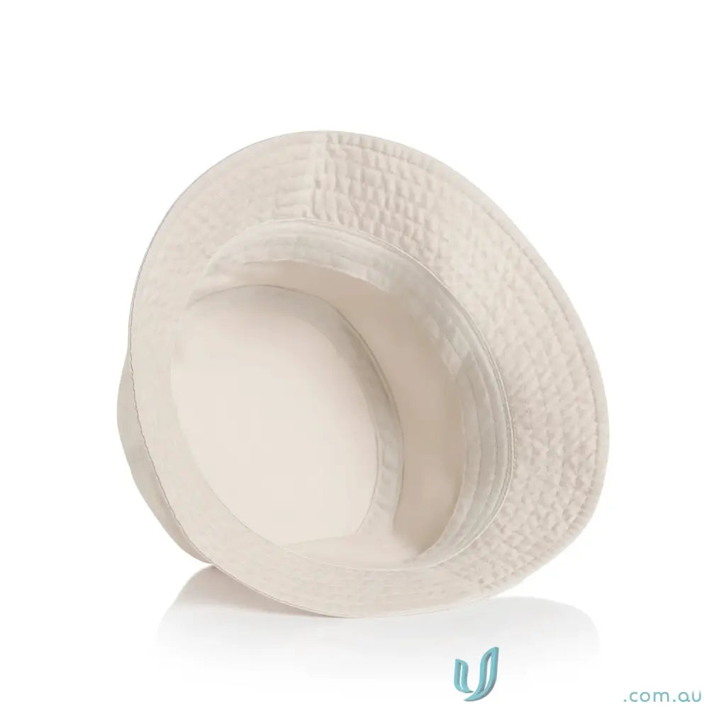 White quilted bucket hat with reinforced brim, light-mid weight cotton style