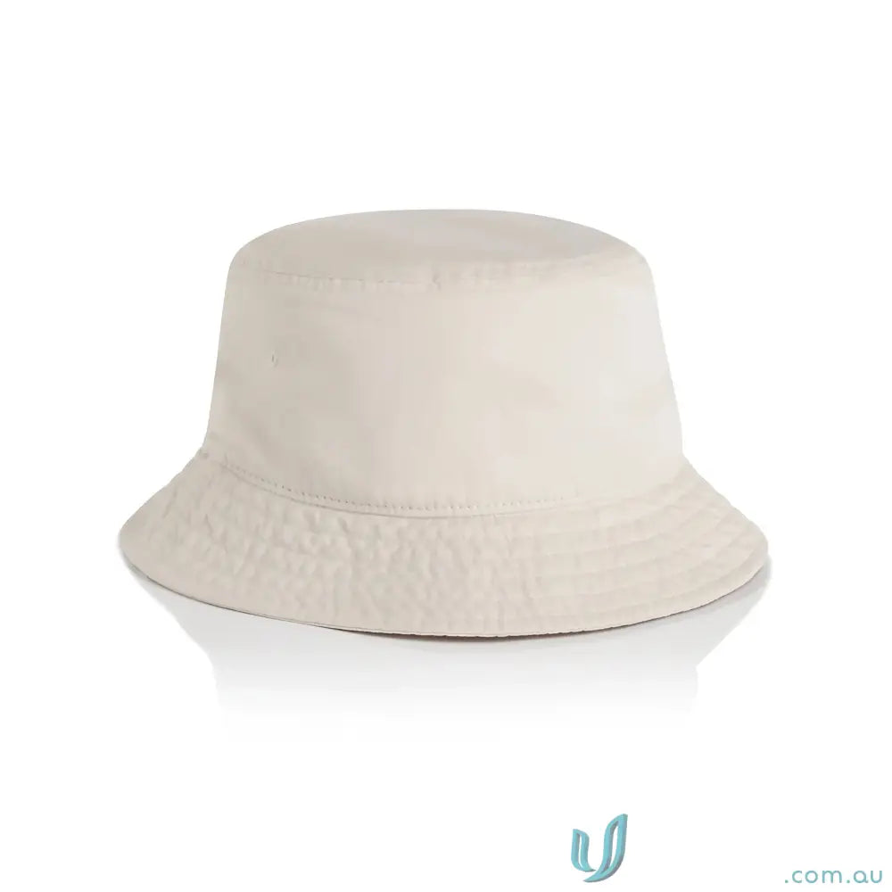 Light-mid weight beige bucket hat with reinforced brim and textured design