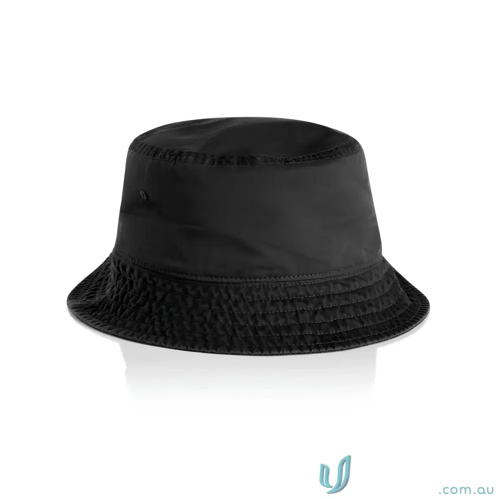 Black nylon bucket hat with quilted brim, reinforced brim, lightweight mid-weight style