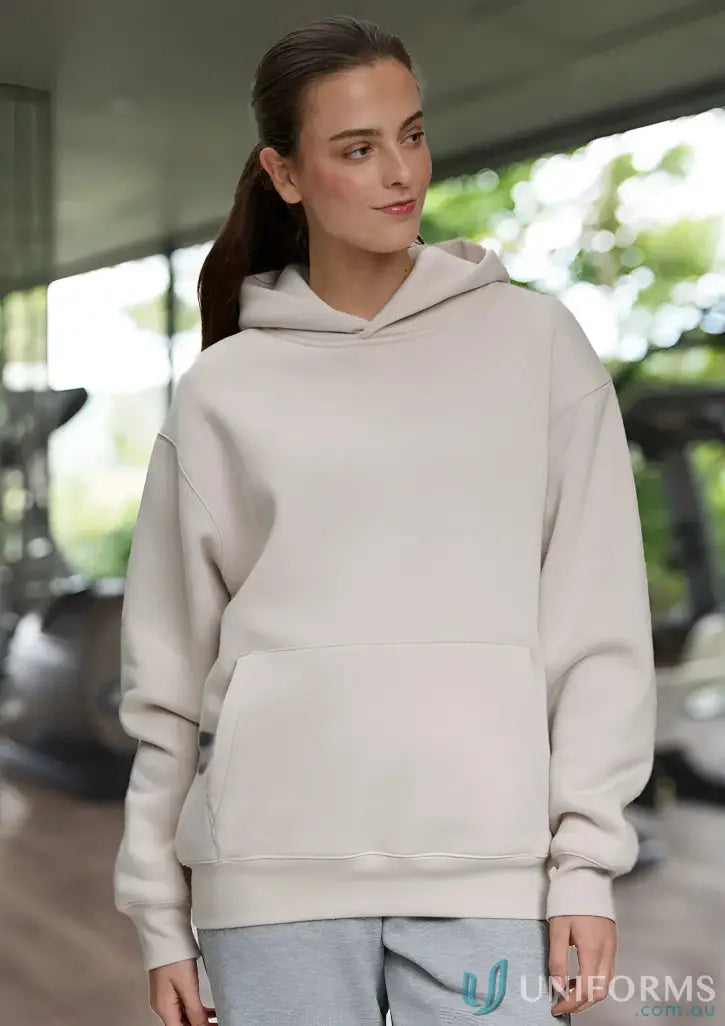 Beige oversized fleece hoodie made with recycled polyester premium fleece for comfy style