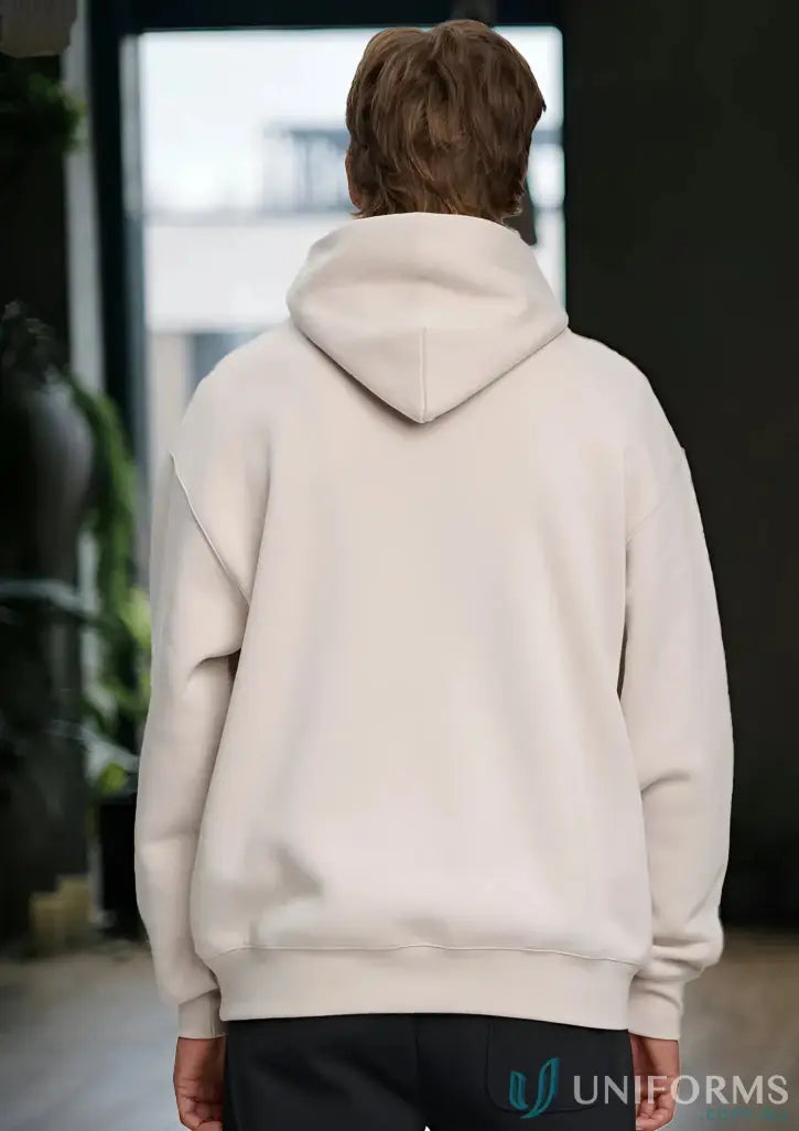Beige oversized fleece hoodie made with recycled polyester premium fleece for comfy style