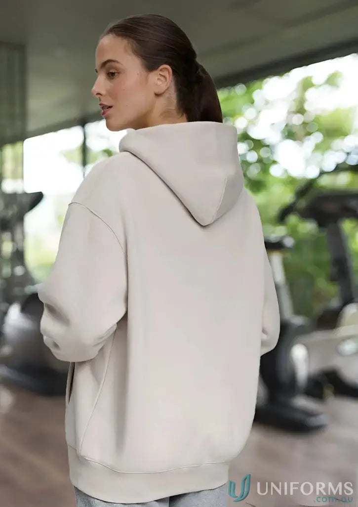 Beige oversized fleece hoodie made from recycled polyester premium fleece cvc fabric