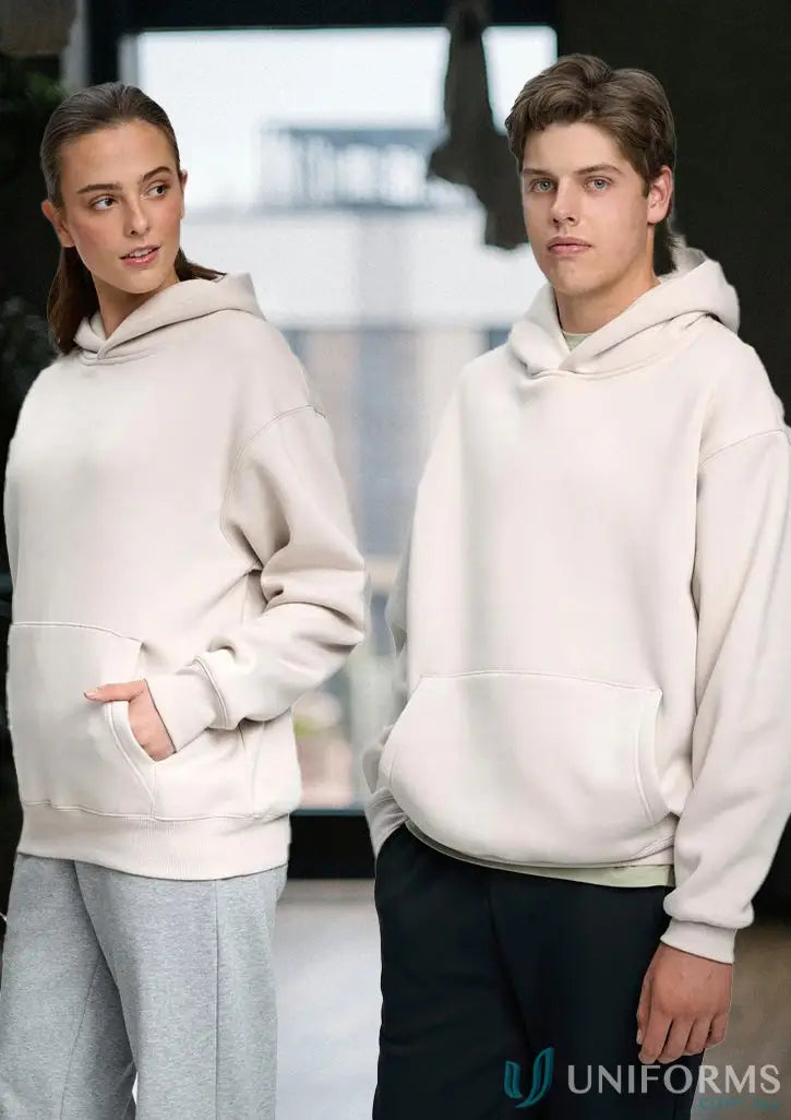 Two people wearing beige oversized fleece hoodies from Premium Fleece Oversized Hoodie collection