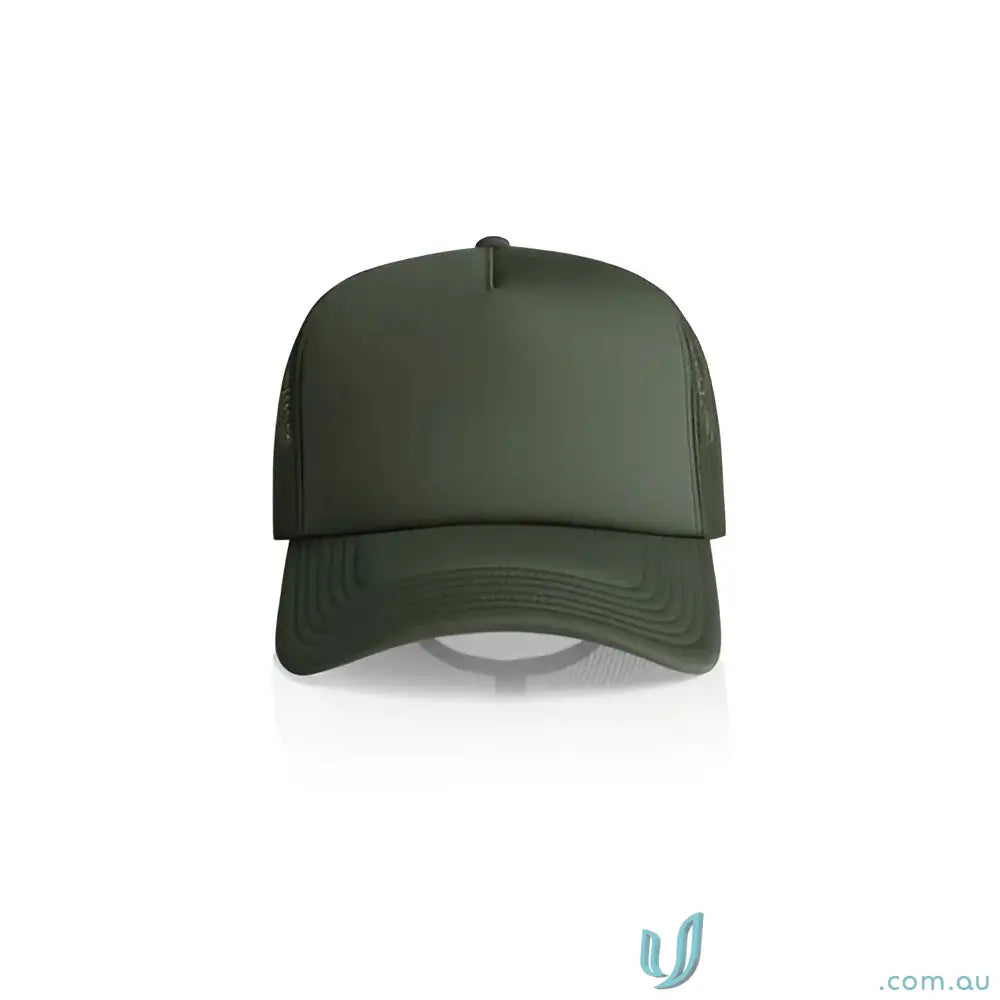 Dark green trucker cap with recycled polyester mesh back and curved peak