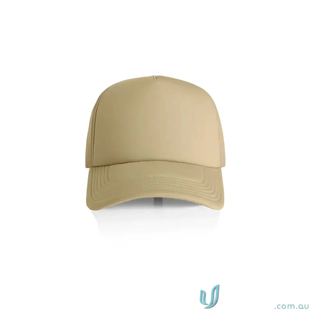 Plain tan trucker hat with structured front and recycled polyester mesh back