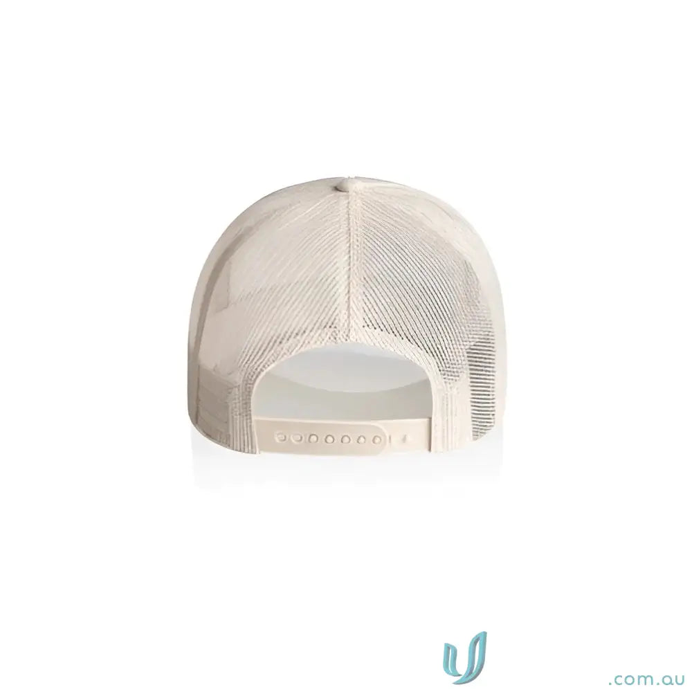 Light-colored mesh back cap with adjustable snap closure made from recycled polyester mesh