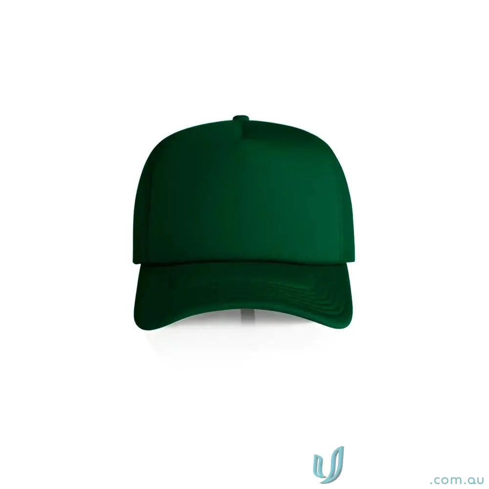 Dark green premium foam trucker cap with curved peak and recycled polyester mesh back