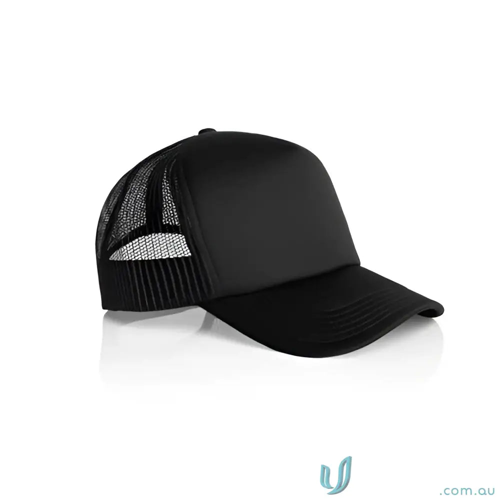 Black trucker hat with solid front and recycled polyester mesh back for style