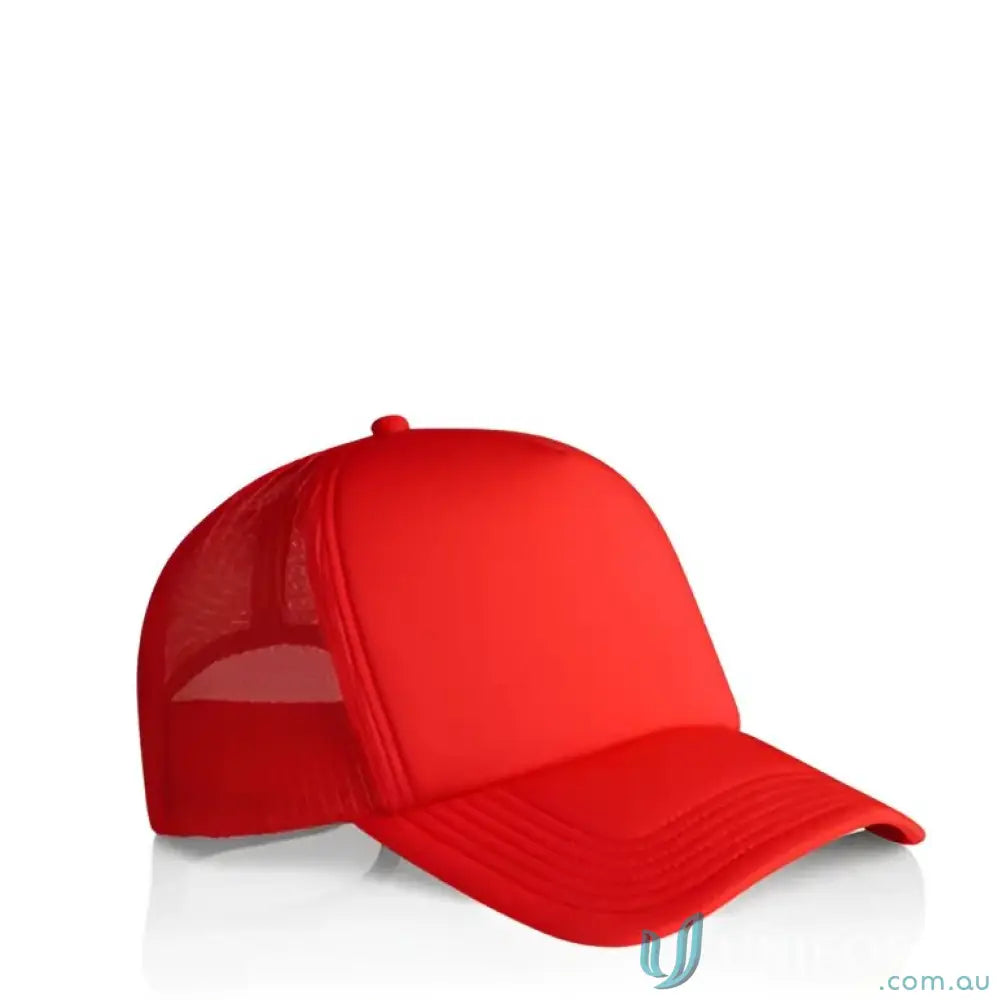 Red trucker hat with recycled polyester mesh back and curved peak for a cool look