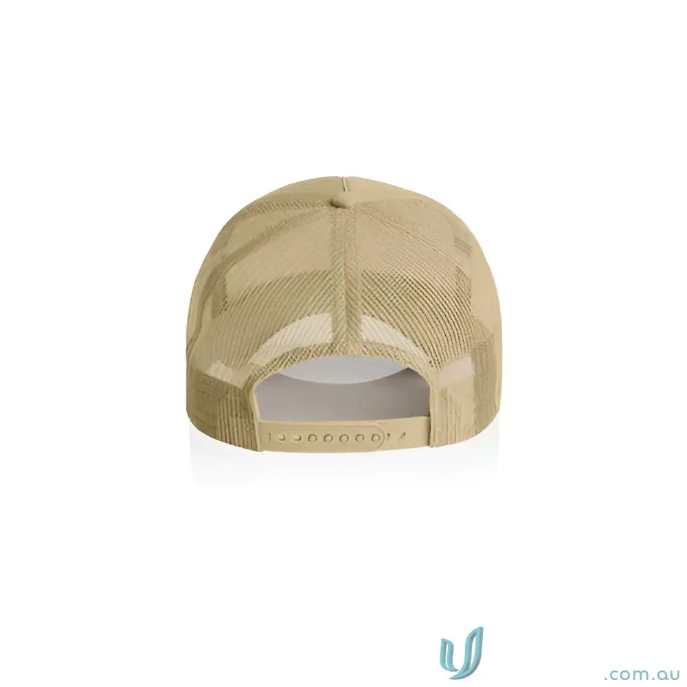 Tan and beige trucker hat with recycled polyester mesh back and adjustable snap closure