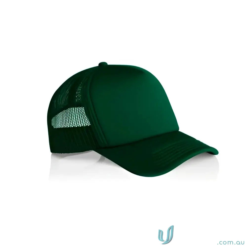 Dark green trucker hat with recycled polyester mesh back and curved peak