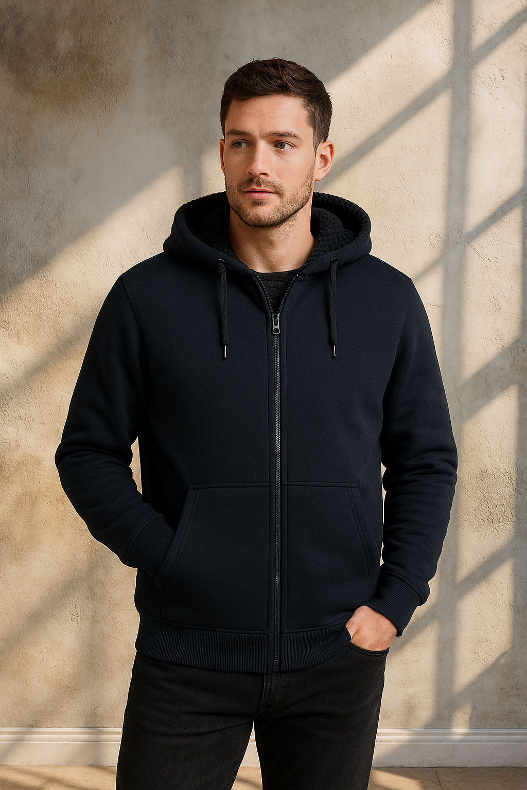 Premium full-zip shepherd hoodie in black with fleece-lined hood