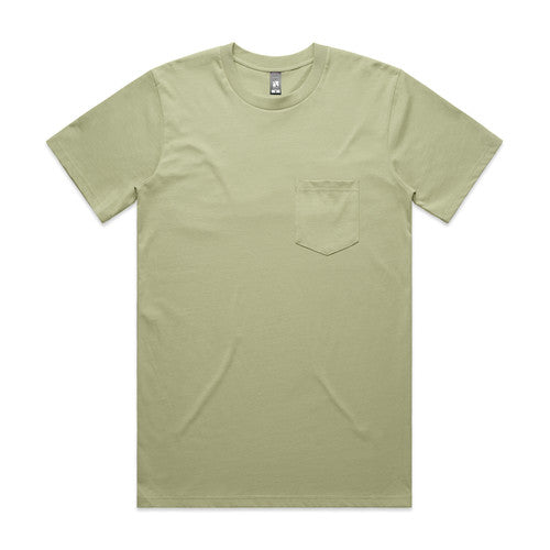 Olive green pocket t-shirt with a crew neck and short sleeves.