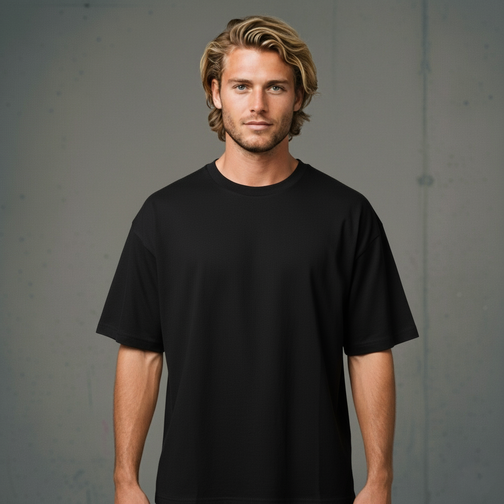 Black crew neck t-shirt with short sleeves and a relaxed fit.