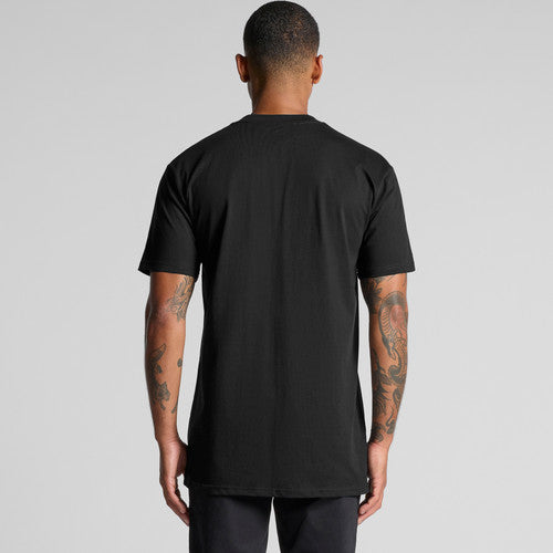 Black t-shirt with white logo and pocket, cotton material.