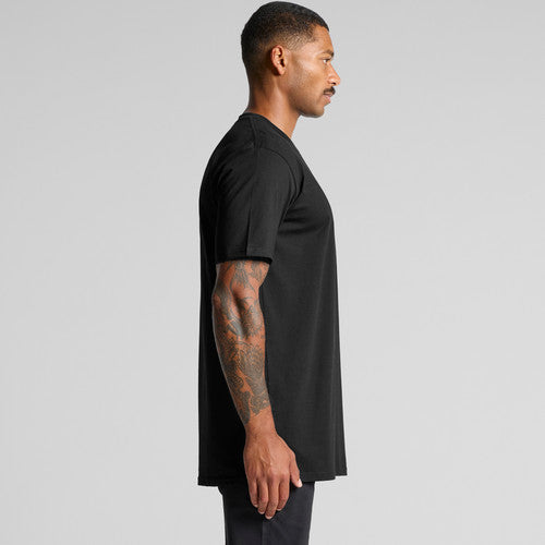 Black longline t-shirt with a relaxed fit and short sleeves.