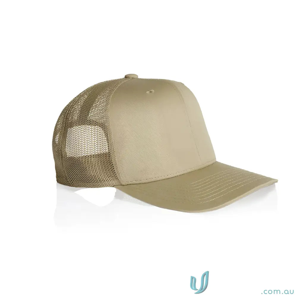 Beige high profile mesh trucker cap with shallow curved peak and recycled polyester