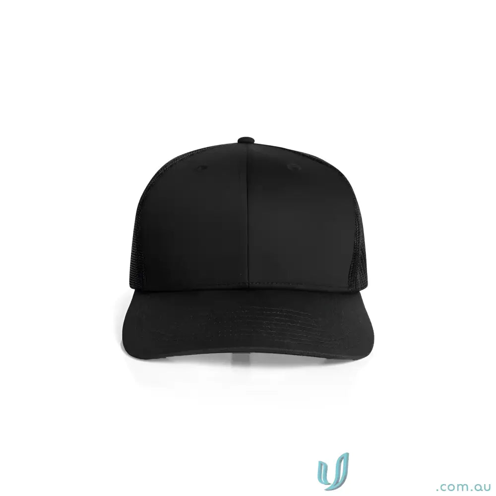 Black high profile trucker hat with shallow curved peak and recycled polyester mesh back