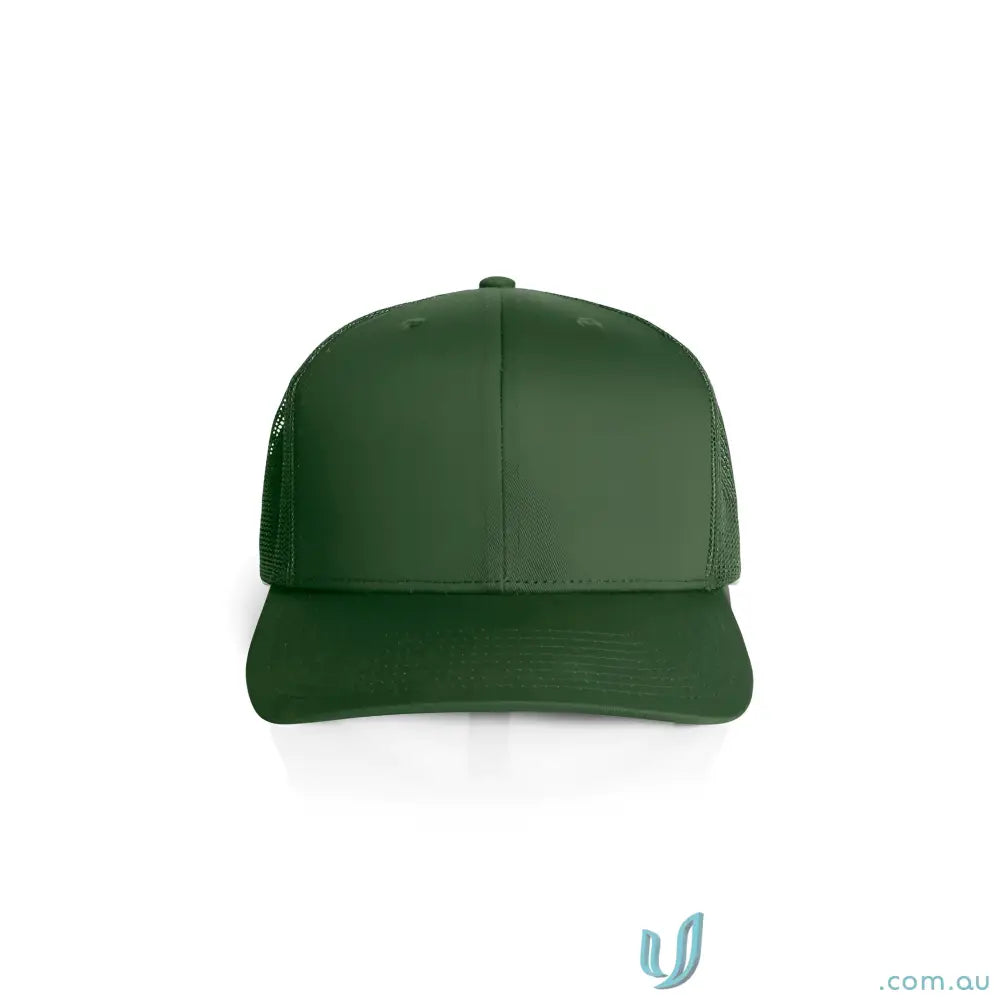Dark green high-profile mesh trucker cap with shallow curved peak and recycled polyester