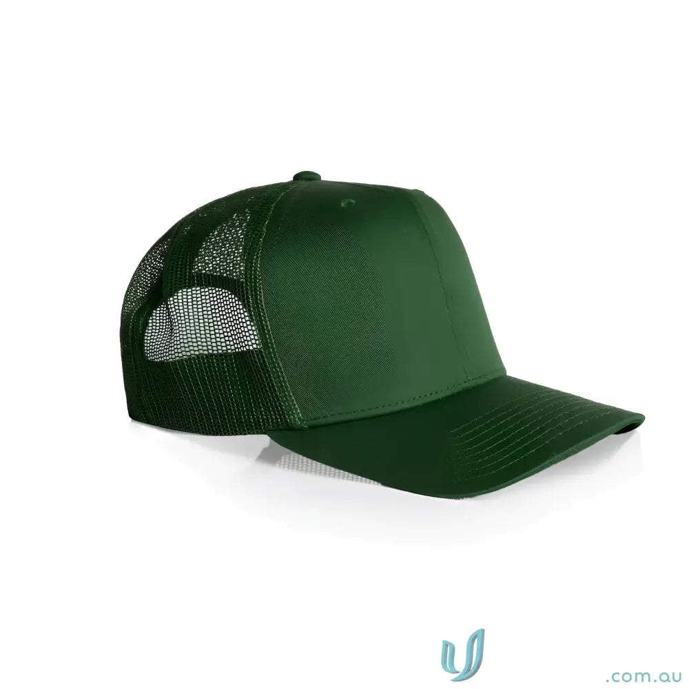 Dark green high profile mesh trucker cap with shallow curved peak and recycled polyester