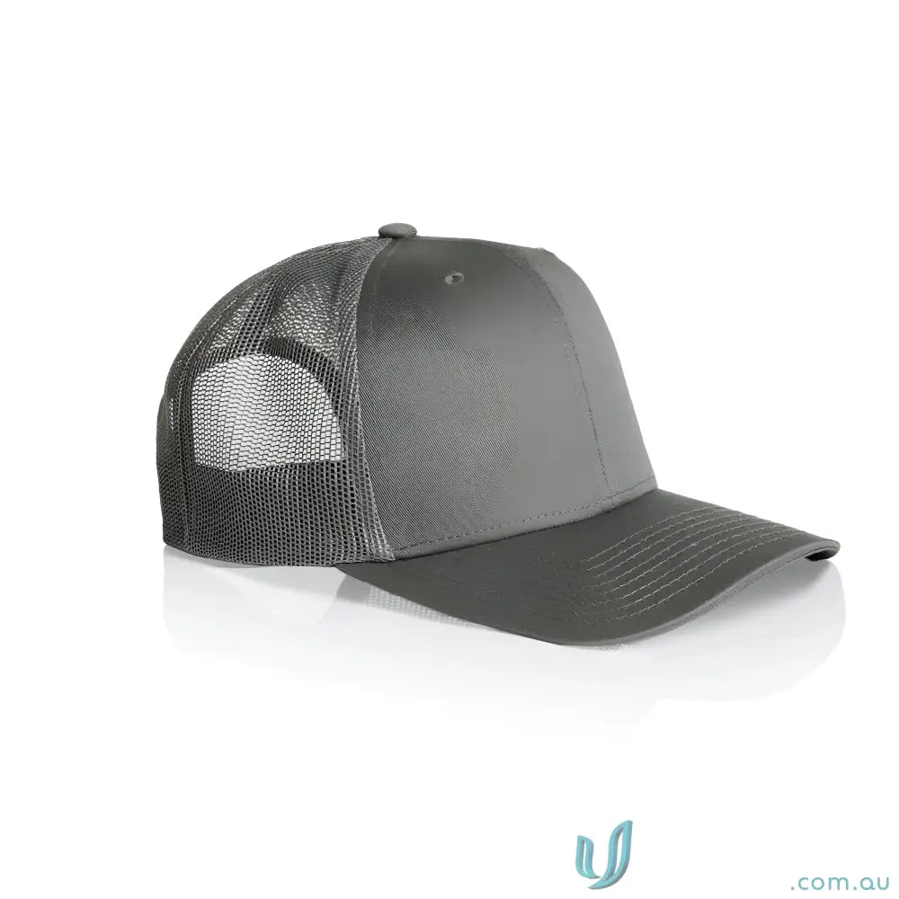 Gray high profile mesh trucker cap with recycled polyester and shallow curved peak