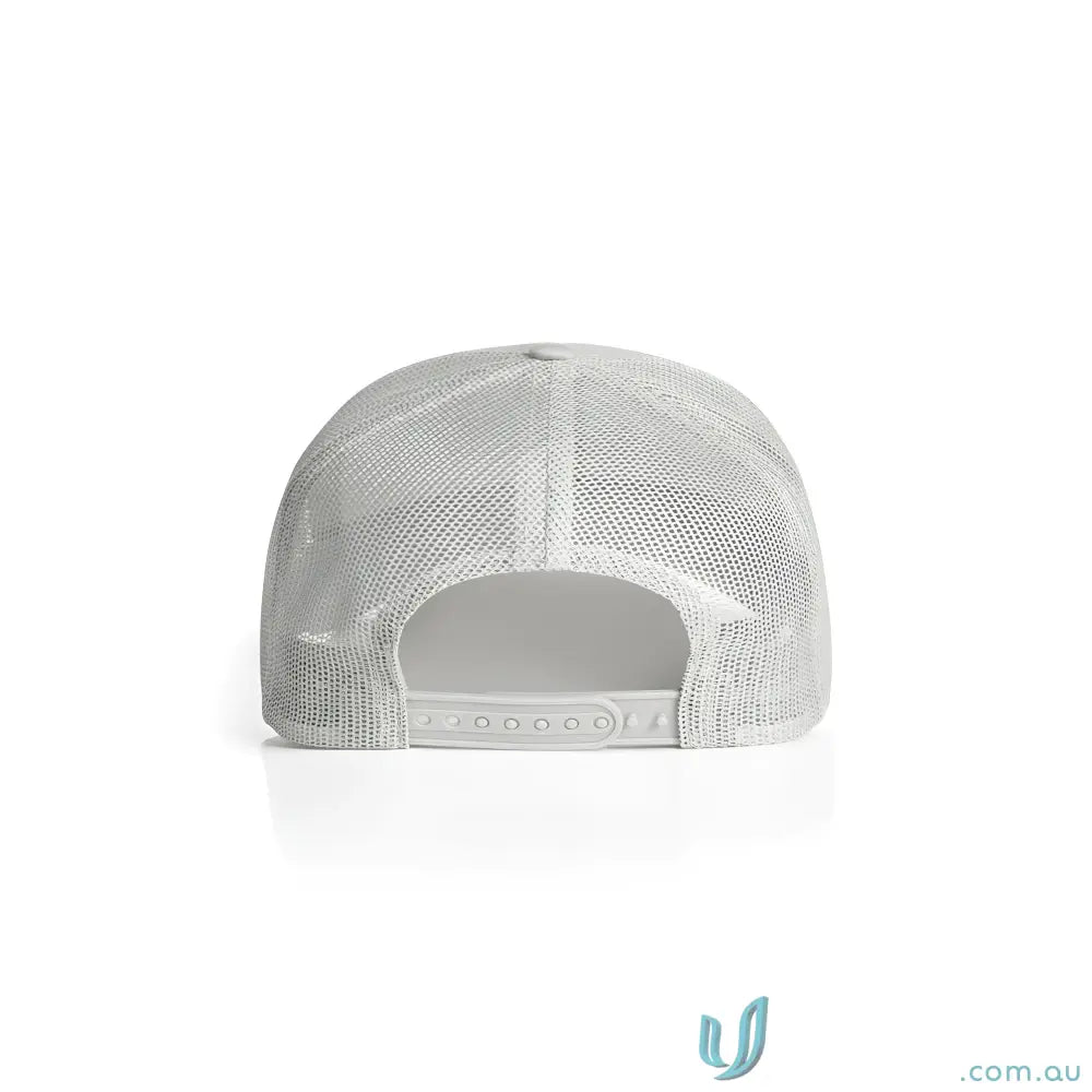 Light gray high profile mesh trucker cap with adjustable snapback and shallow curved peak