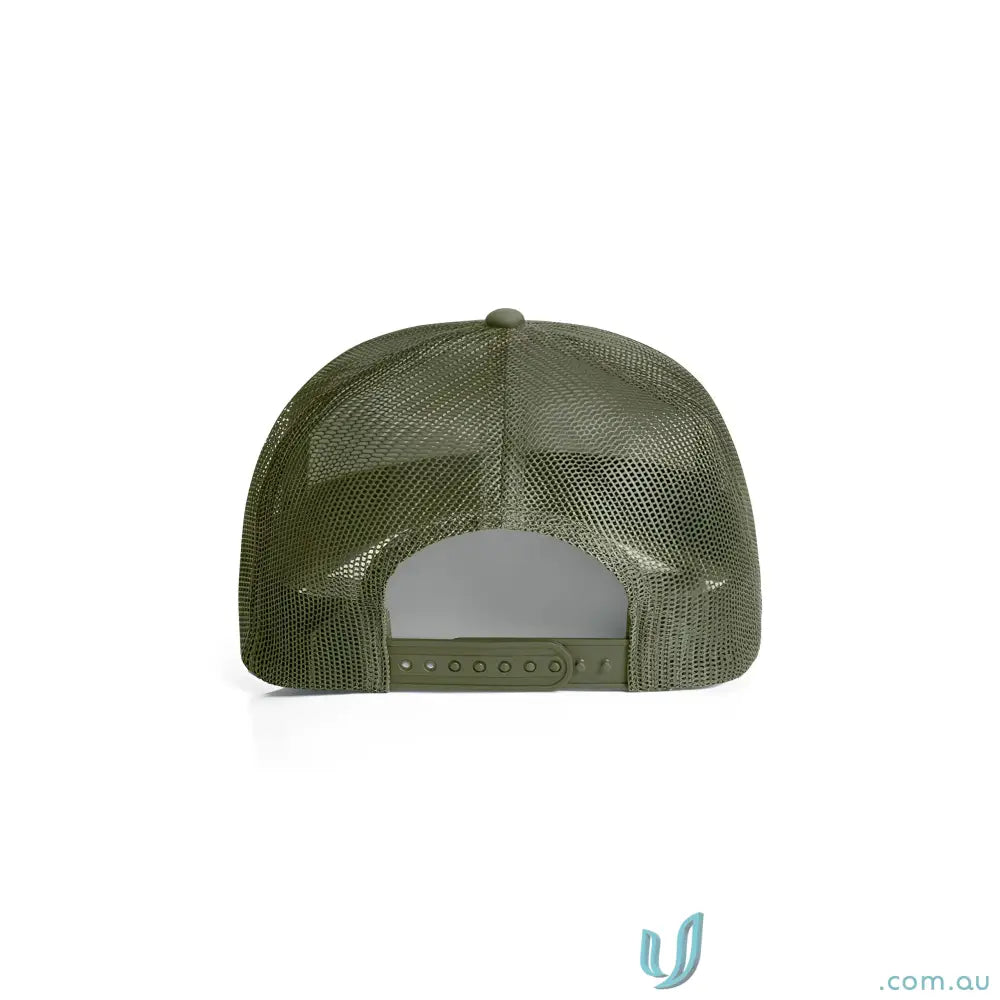 Olive green high-profile mesh trucker cap with shallow curved peak and adjustable snapback