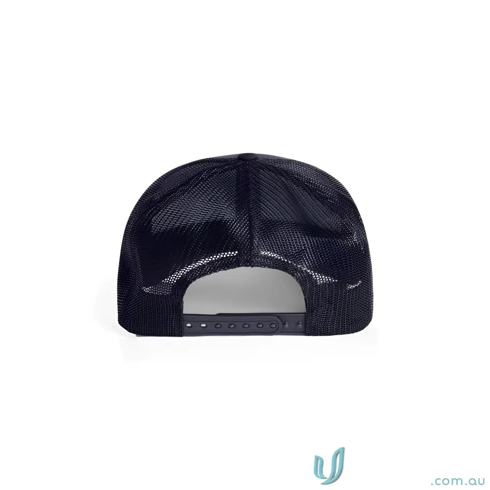 Rear view of dark blue recycled polyester high profile mesh trucker cap with shallow curved peak and snapback closure