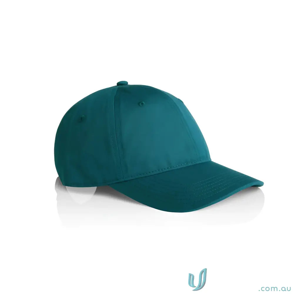 Teal blue cotton baseball cap with slight sheen and adjustable metal clasp for a perfect fit