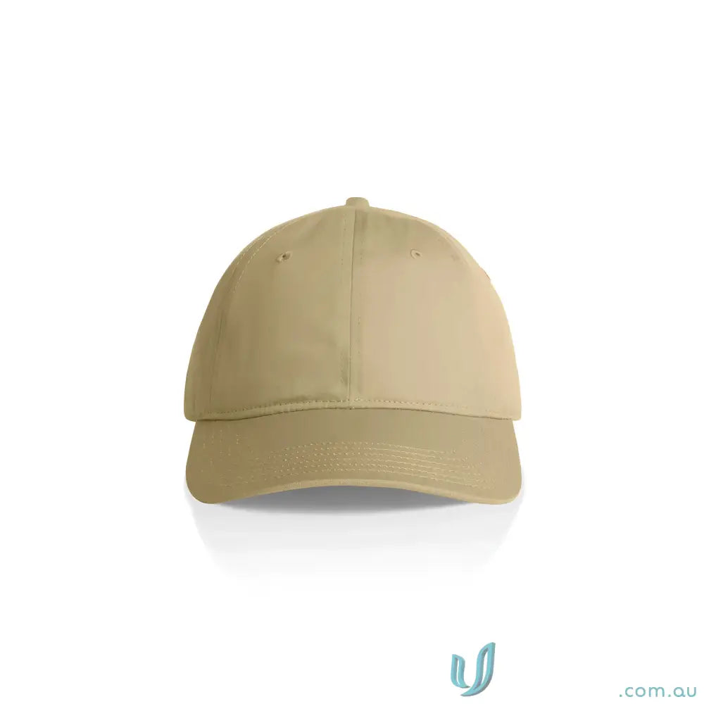 Light brown baseball cap with curved brim and adjustable metal clasp for a perfect fit