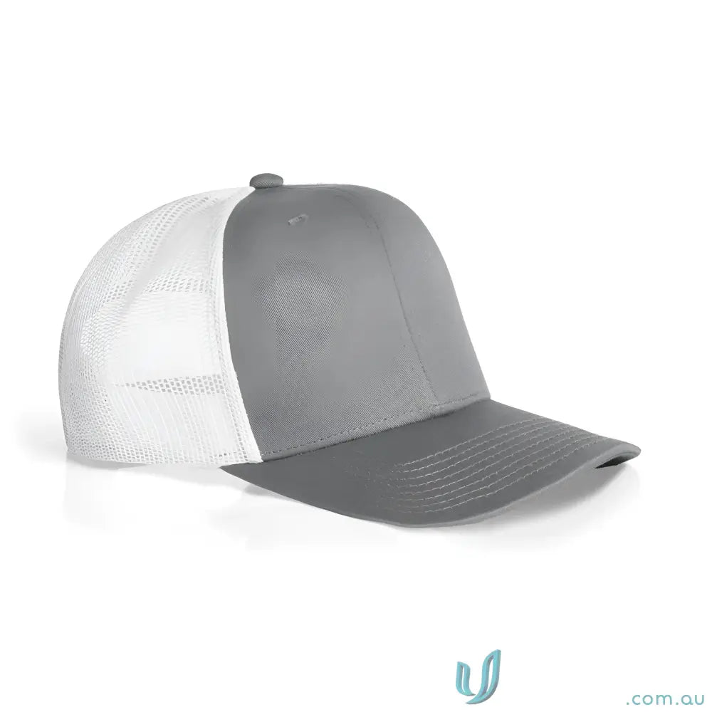 Gray and white recycled polyester mesh trucker cap with curved peak and high profile snapback