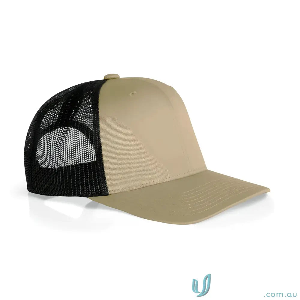 Two-tone tan and black recycled polyester mesh trucker hat with curved peak