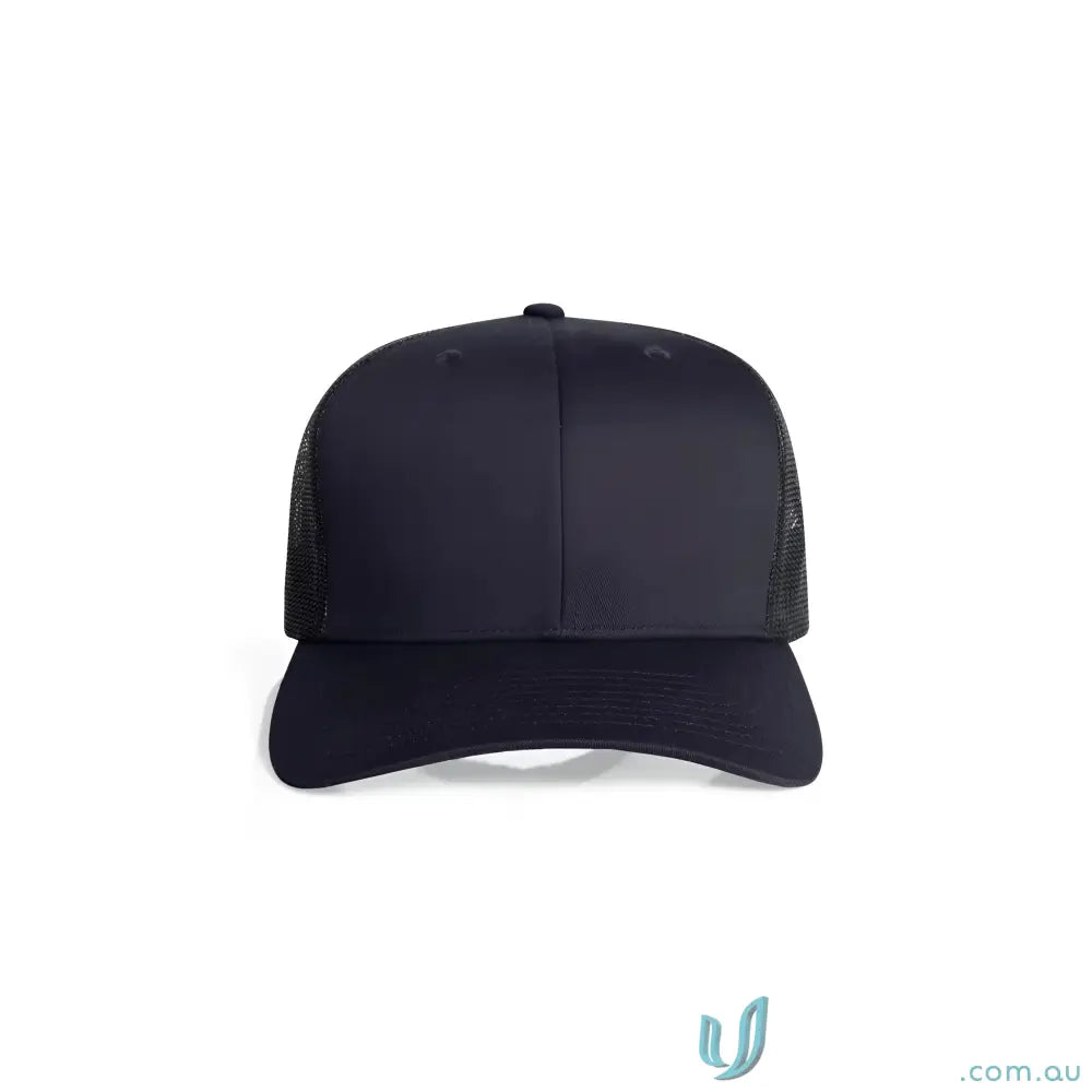 Dark navy blue trucker hat with curved peak and recycled polyester mesh for style