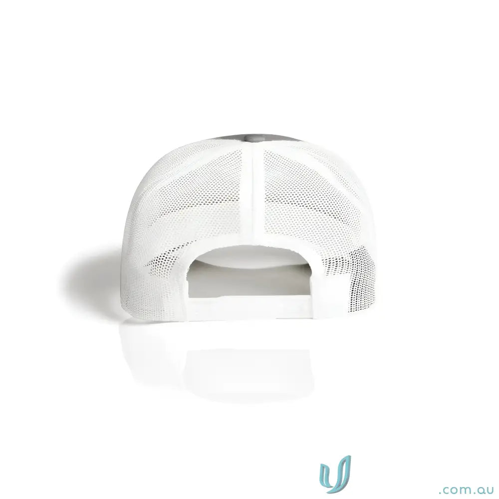 Rear view of a white recycled polyester mesh trucker cap with a dark gray front and curved peak