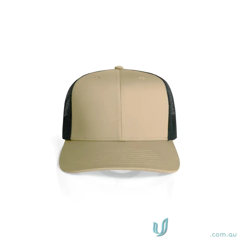Tan and black recycled polyester mesh trucker hat with curved peak and flat brim