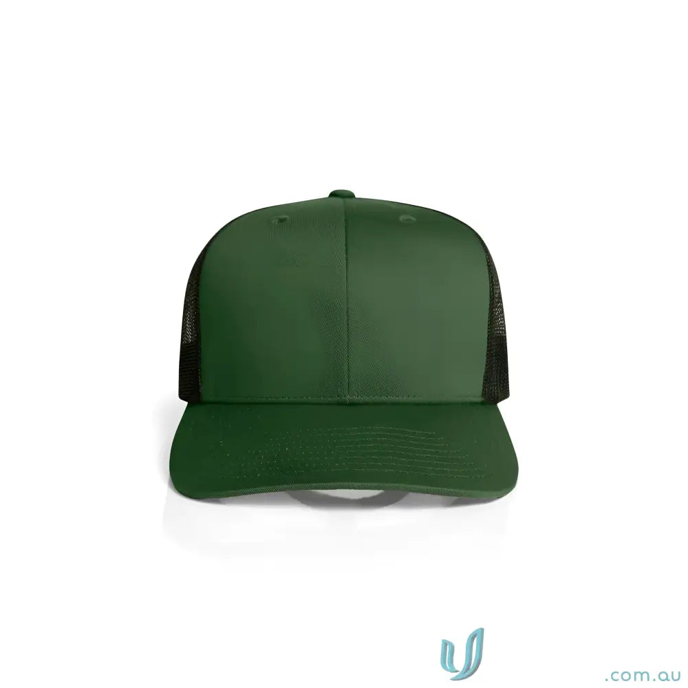 Dark green recycled polyester mesh trucker cap with curved peak and black mesh back
