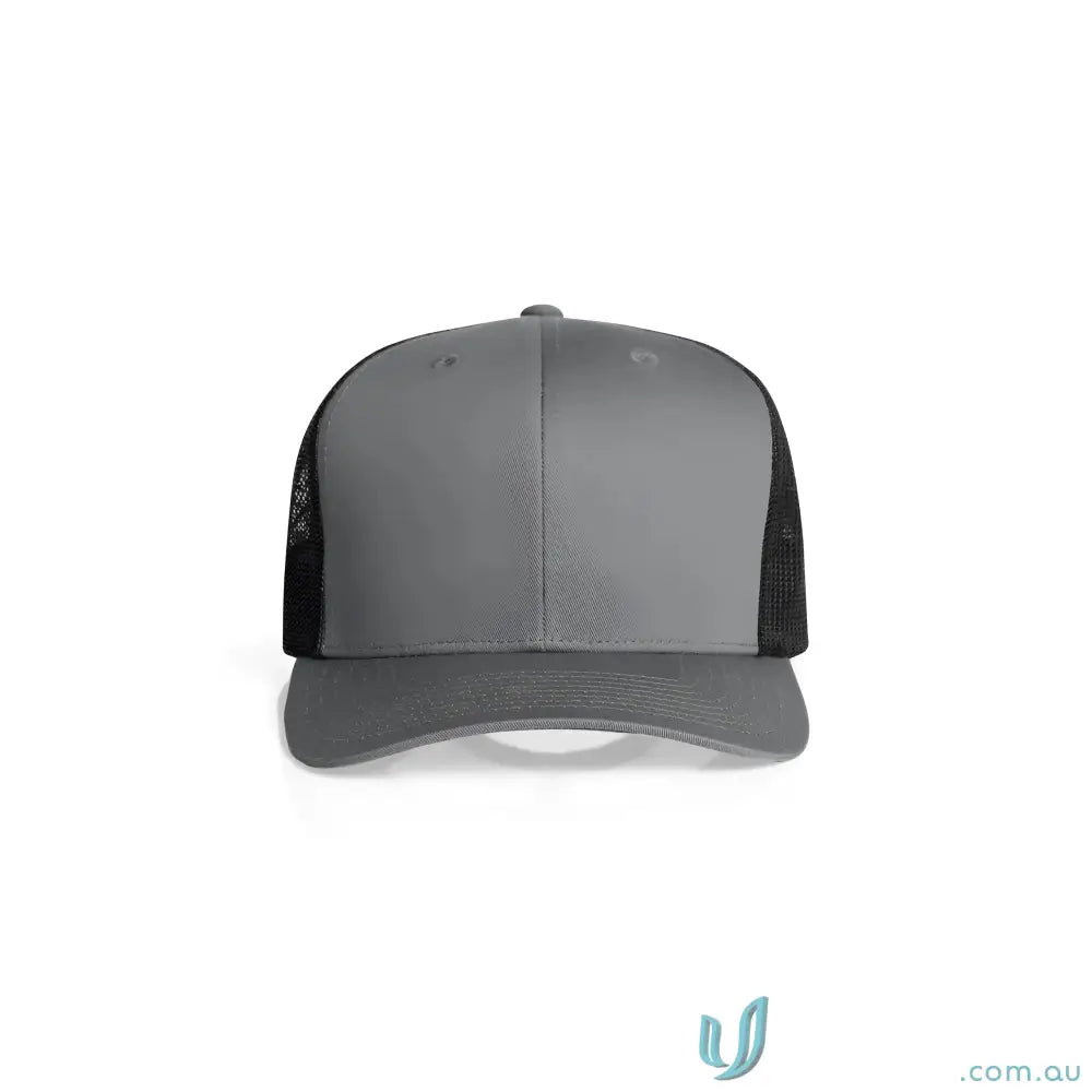 Two-tone grey and black recycled polyester mesh trucker cap with shallow curved peak