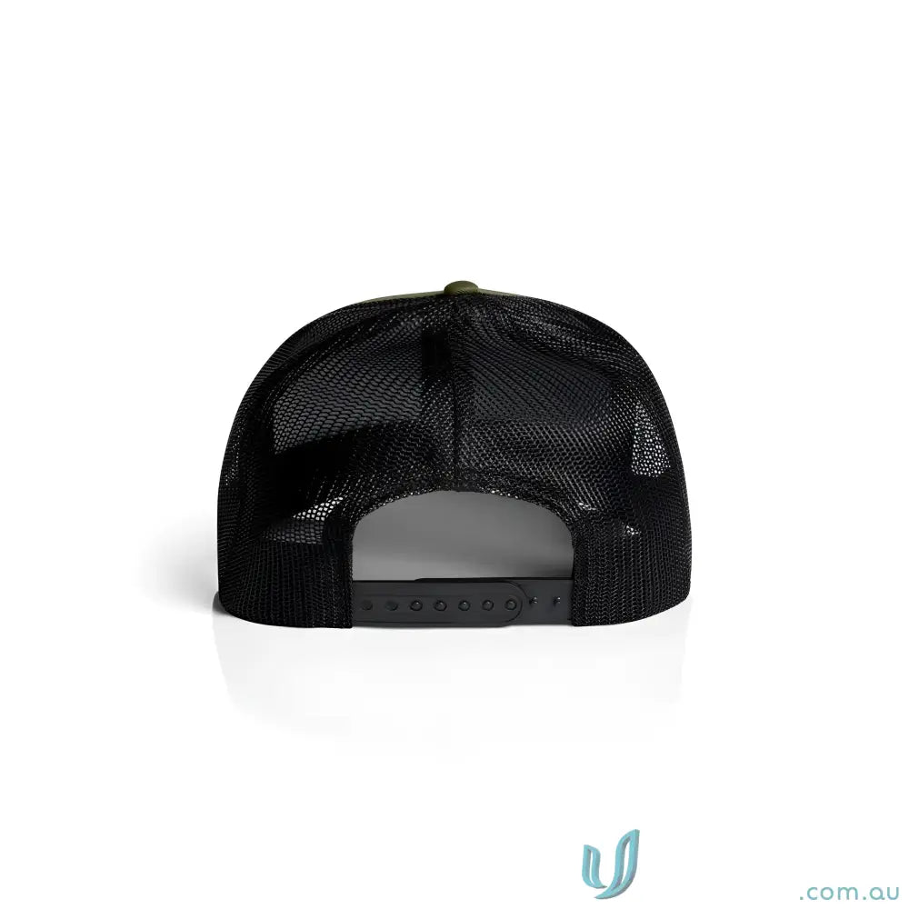 Black mesh-back trucker cap with snapback, shallow curved peak, made from recycled polyester mesh