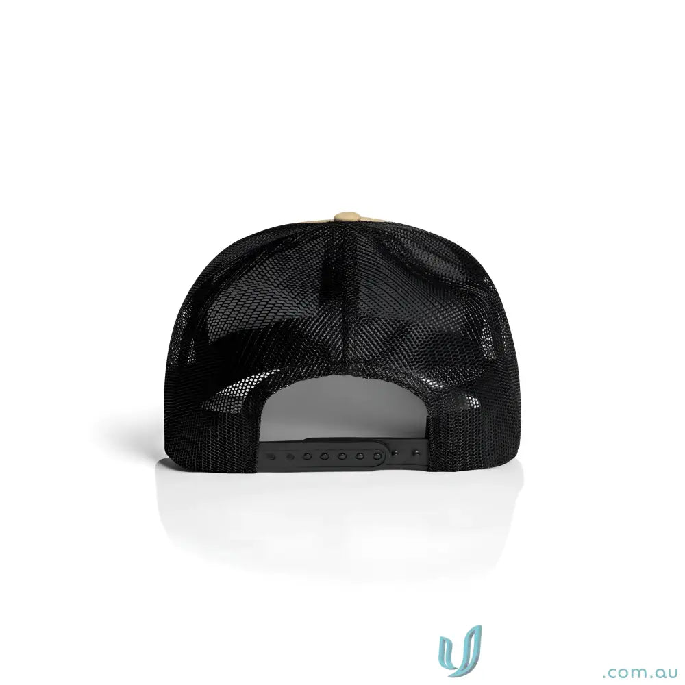 Black trucker hat with tan front, recycled polyester mesh, shallow curved peak