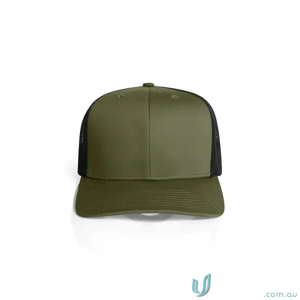 Olive green baseball cap with black recycled polyester mesh and shallow curved peak