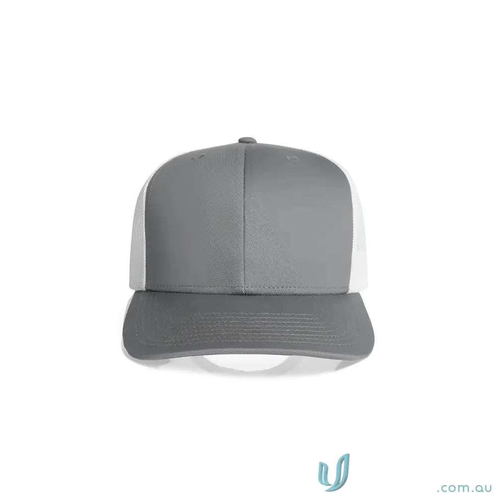 Gray and white recycled polyester mesh trucker cap with shallow curved peak