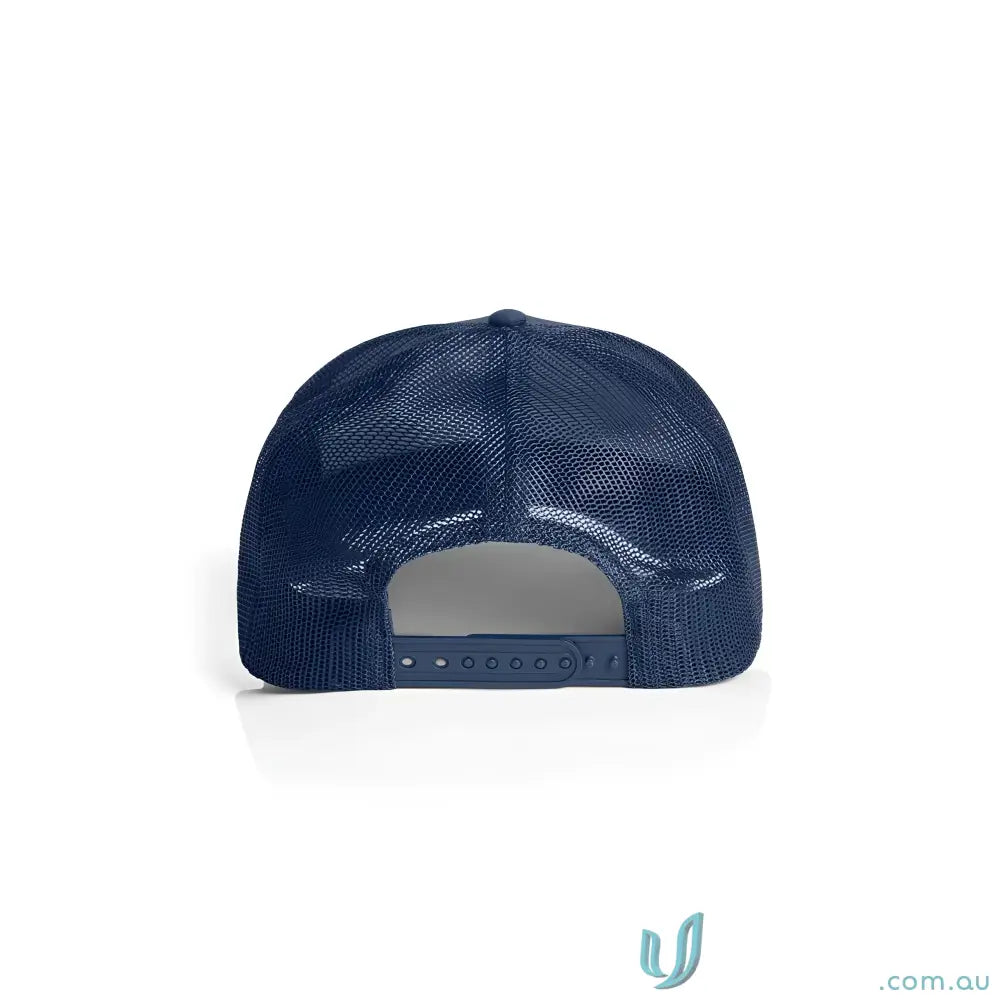 Navy blue recycled polyester mesh back trucker cap with adjustable snap closure
