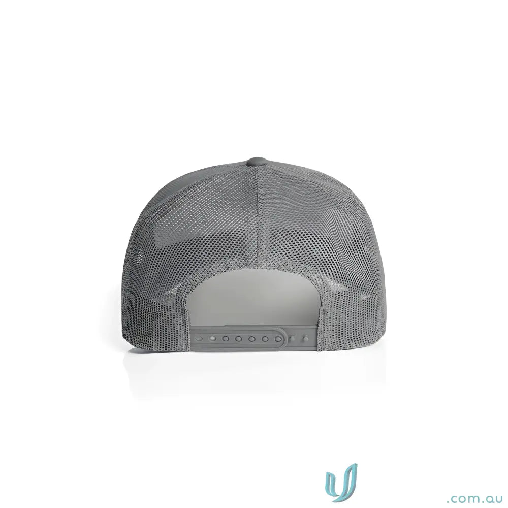 Gray recycled polyester mesh trucker cap with adjustable snapback and shallow curved brim