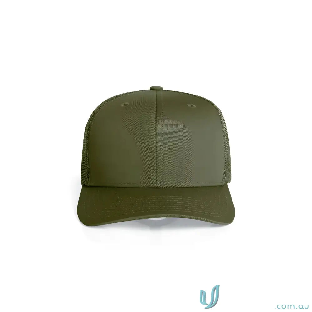 Olive green recycled polyester trucker cap with shallow curved brim and mesh back