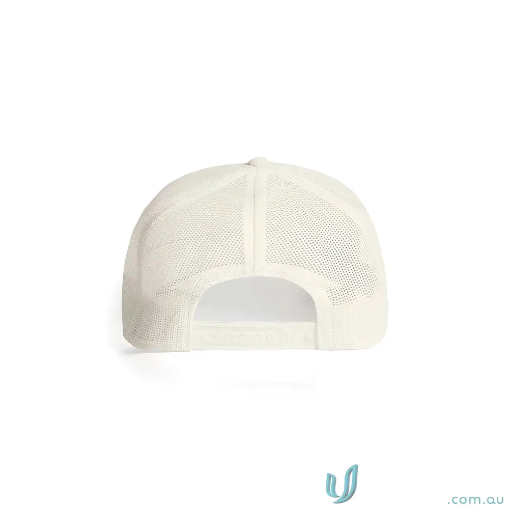 Light-colored recycled polyester trucker cap with mesh back and shallow curved brim