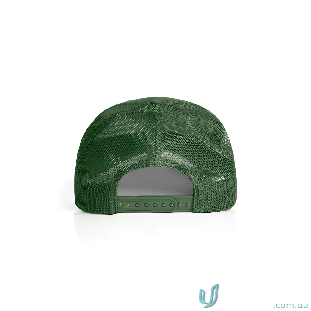 Dark green recycled polyester mesh trucker cap with shallow curved brim and adjustable snap