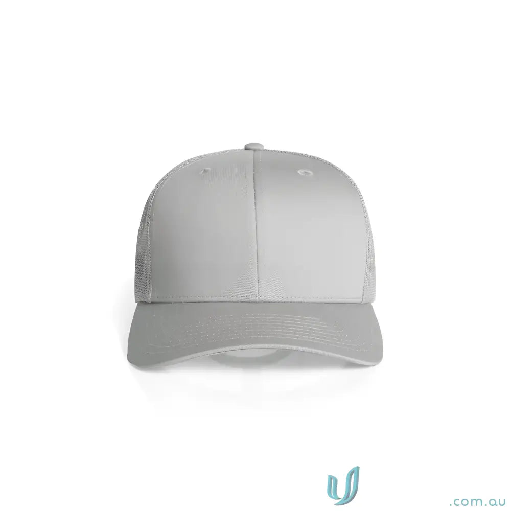 Light grey recycled polyester trucker cap with shallow curved brim and adjustable fit