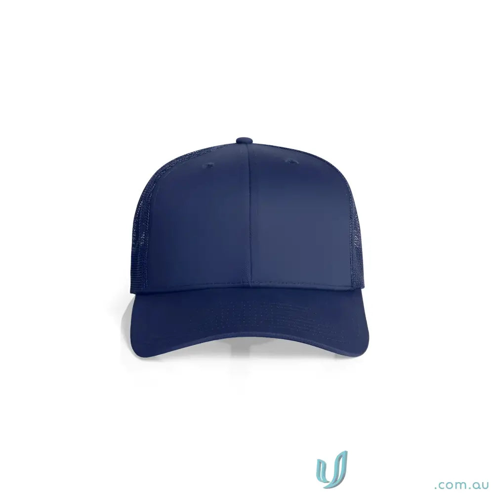 Navy blue recycled polyester trucker cap with mesh back and shallow curved brim
